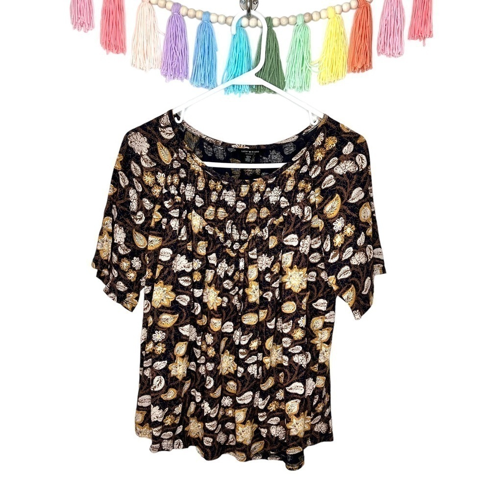 Lucky Brand Black and Mustard Boho Floral Leaf Short Sleeve Blouse Size Medium